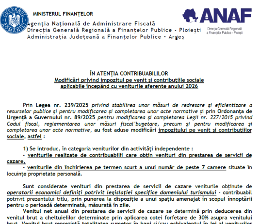 Modificări privind impozitul pe venit şi contribuţiile sociale aplicabile – începând cu veniturile aferente anului 2026 (oficial)