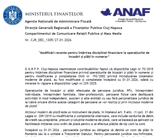 ANAF – modificări recente pentru întărirea disciplinei financiare la operațiunile de încasări și plăți în numerar
