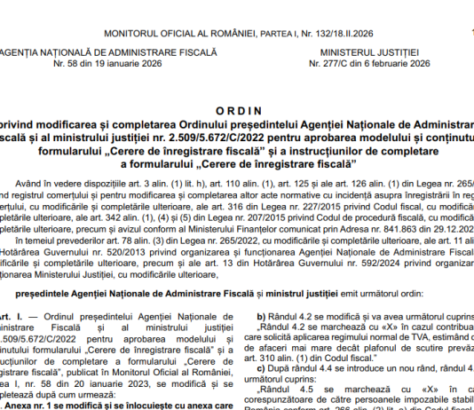 CERERE DE ÎNREGISTRARE FISCALĂ (ONRC) – ce modificari a adus OpANAF nr. 58/2026