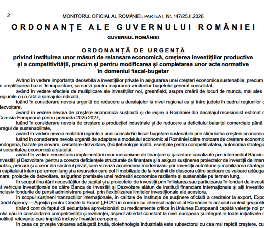 OUG nr. 8/2026 – măsuri de relansare economică, creșterea investițiilor productive și a competitivității, modificare-completare acte normative în domeniul fiscal-bugetar