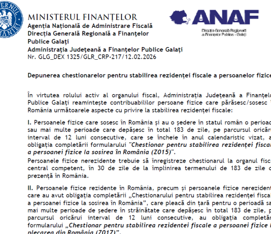 Depunerea chestionarelor pentru stabilirea rezidenței fiscale a persoanelor fizice – oficial ANAF (2026)
