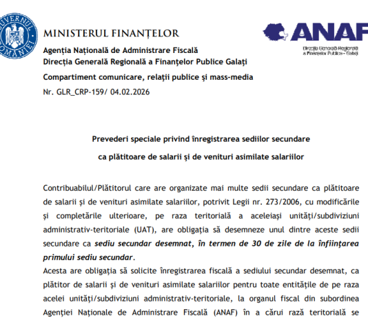 Prevederi speciale privind înregistrarea sediilor secundare ca plătitoare de salarii şi de venituri asimilate salariilor – dupa OG nr. 6/2026