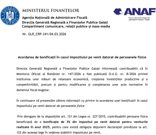 ANAF (oficial) – acordarea de bonificaţii în cazul impozitului pe venit datorat de persoanele fizice