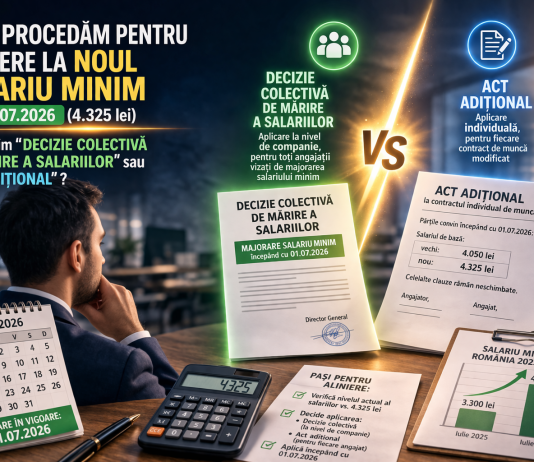 Cum procedăm pentru aliniere la noul salariu minim din 01.07.2026 (4.325 lei) – întocmim “Decizie colectivă de mărire a salariilor” sau „Act adițional” ?