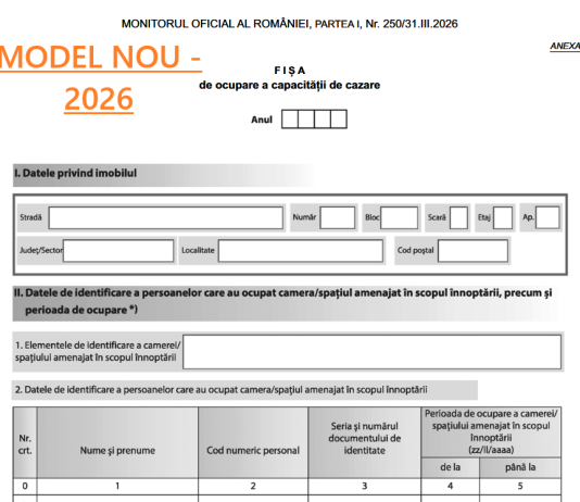 OPANAF nr. 381/2026 – pentru aprobarea modelului, conținutului și modalității de gestionare a formularului „Fișa de ocupare a capacității de cazare” (nou)