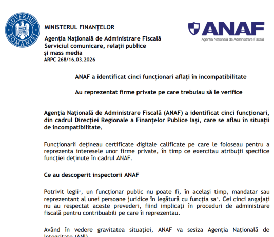 ANAF a identificat cinci funcţionari aflaţi în incompatibilitate – au reprezentat firme private pe care trebuiau să le verifice