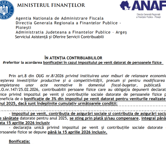 ANAF (anunt nou) – referitor la acordarea bonificației în cazul impozitului pe venit datorat de persoanele fizice