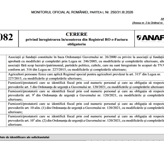 OPANAF nr. 378/2026 – formularul (082) „Cerere privind înregistrarea în Registrul RO e-Factura obligatoriu” (model si instructiuni noi)