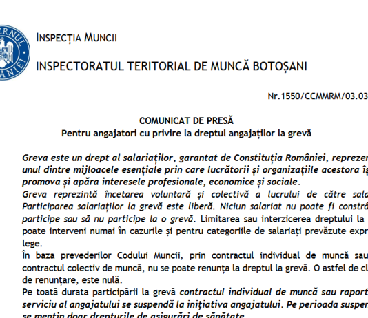 COMUNICAT DE PRESĂ (2026) – pentru angajatori cu privire la dreptul angajaților la grevă