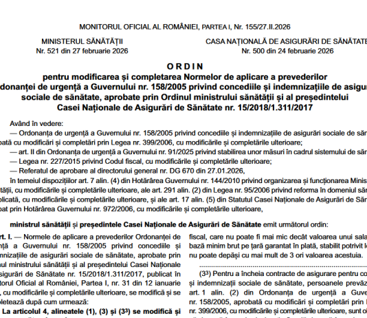 Ordin MS nr. 521/2026 si Ordin CNAS nr. 500/2026 – modificari noi la certificatele de concediu medical (exemple de calcul)