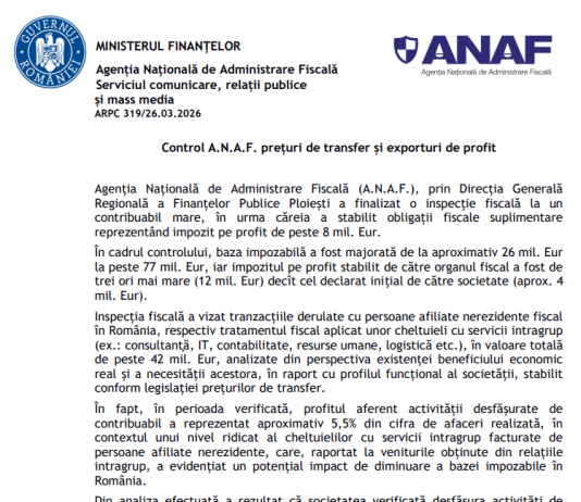 NEWS – control A.N.A.F. prețuri de transfer și exporturi de profit (obligații fiscale suplimentare reprezentând impozit pe profit de peste 8 mil. eur.)