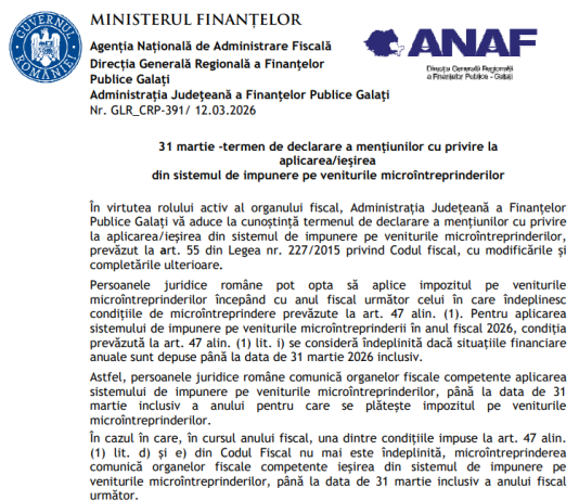ANAF – 31 martie 2026, termen de declarare a menţiunilor cu privire la aplicarea/ieşirea din sistemul de impunere pe veniturile microîntreprinderilor