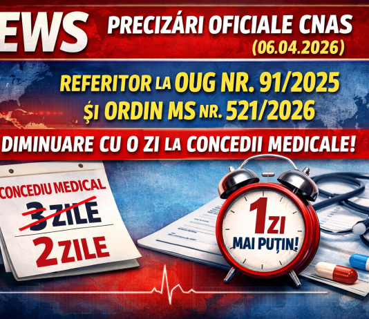 NEWS – precizari oficiale CNAS (06.04.2026), referitor la OUG nr. 91/2025 si Ordin MS nr. 521/2026 (diminuare cu o zi la concedii medicale)