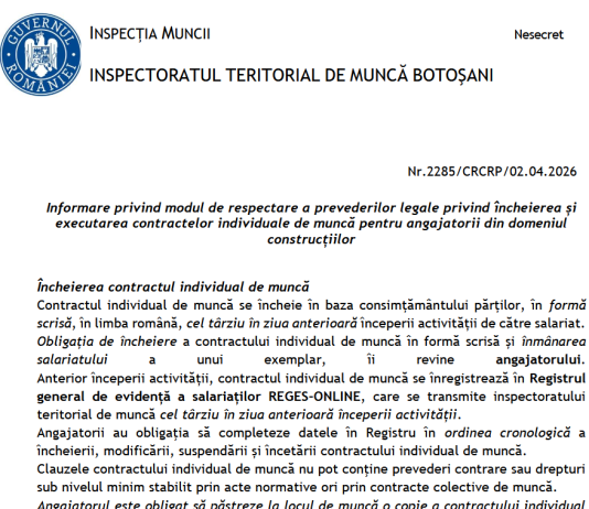 Modul de respectare a prevederilor legale privind încheierea și executarea contractelor individuale de muncă pentru angajatorii din domeniul construcțiilor – oficial