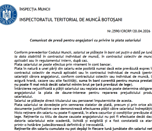 COMUNICAT DE PRESĂ pentru angajatori cu privire la plata salariului – oficial ITM (aprilie 2026)