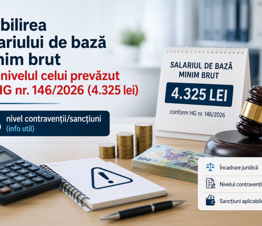 Stabilirea salariului de bază minim brut sub nivelul celui prevăzut de HG nr. 146/2026 (4.325 lei) – nivel contravenții/sancțiuni (info util)
