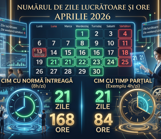 Care este numărul de zile lucrătoare (și ore) pentru luna APRILIE 2026 – pentru CIM cu normă întreagă sau CIM cu timp parțial (info)