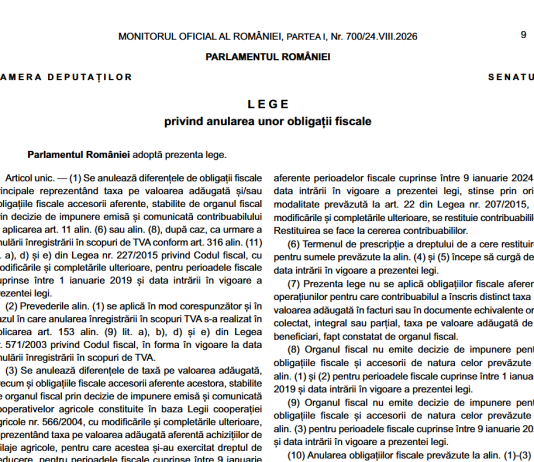 Legea nr. 177/2026 – privind anularea unor obligații fiscale (amnistie diferențe de obligații fiscale in cazul anulării înregistrării în scopuri de TVA)
