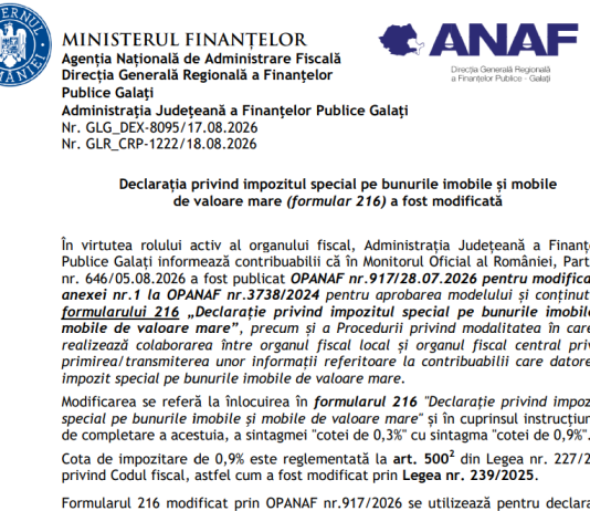 ANAF – declarația privind impozitul special pe bunurile imobile și mobile de valoare mare (Formular 216) a fost modificată