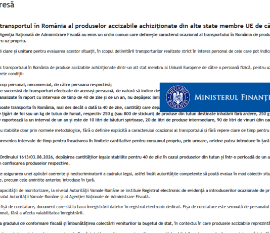 MF – reguli noi privind transportul în România al produselor accizabile achiziționate din alte state membre UE de către persoanele fizice