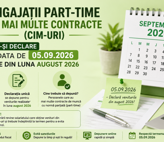 Angajații part-time cu mai multe contracte (CIM-uri) – trebuie să-și declare până la data de 05.09.2026, veniturile din luna august 2026