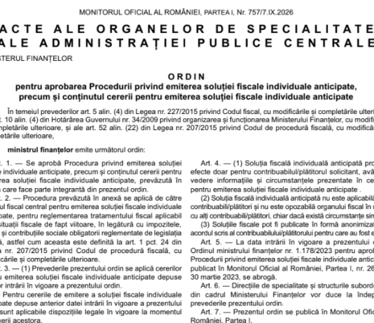 OMF nr. 1128/2026 – procedură emitere solutie fiscală anticipată
